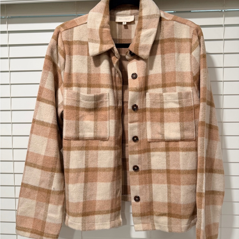 MELLODAY Beige & Cream Plaid Button-Front Shacket